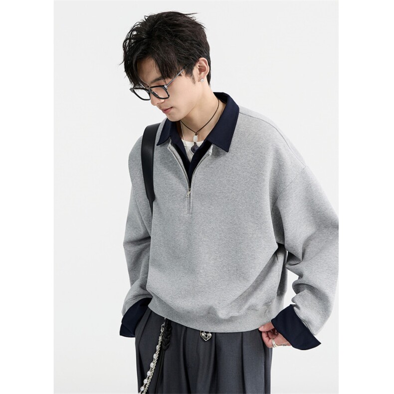 网图撞色衬衫领假两件设计cleanfit宽松半拉链秋季卫衣外套男P53,男装衬衫,电商C306-1