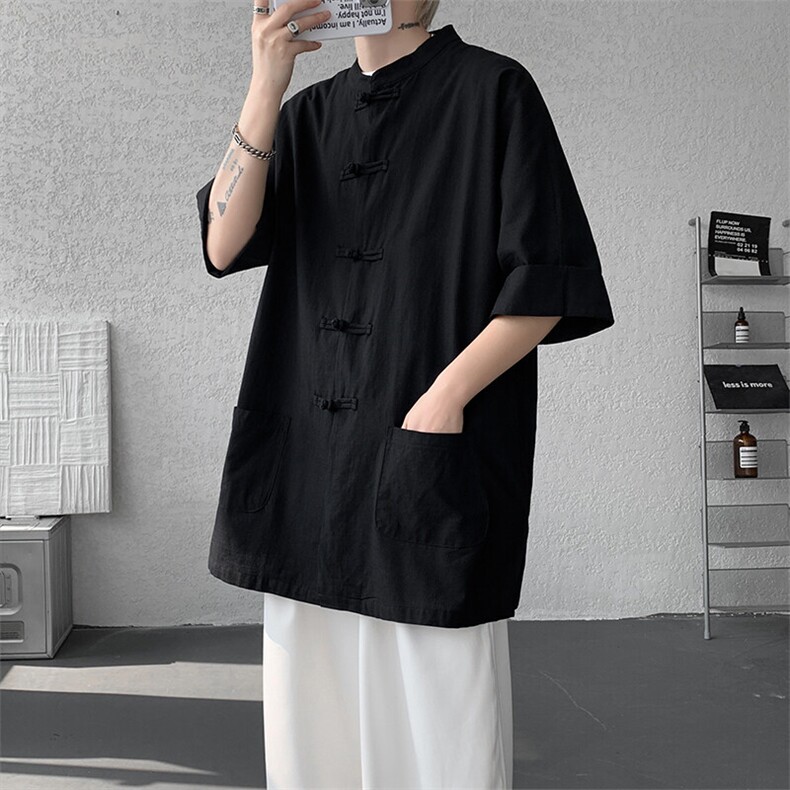 8XL-M 新中式衬衫男中山装麻棉风复古中袖衬衣唐装CS527P60图片
