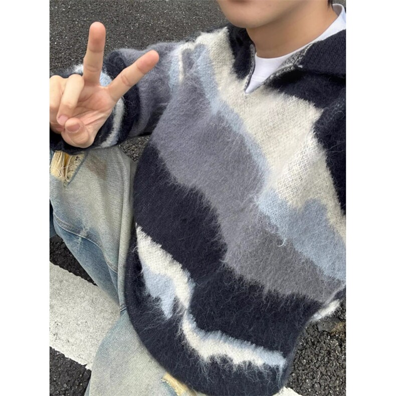 美式撞色条纹毛衣男女秋冬新款慵懒风彷貂polo领针织衫MZ931-P56，男装针织衫/毛衣，星座412-3