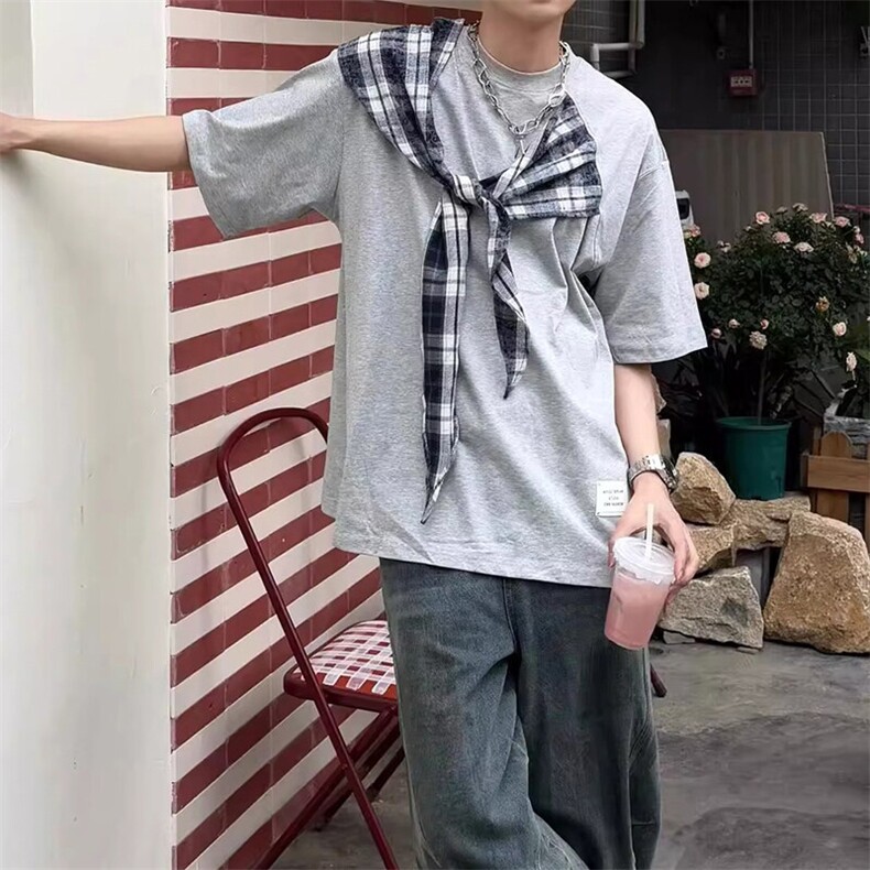 拼接格子布装饰高品质260克双纱纯棉美式高街短袖T恤特P35，男装T恤，电商A486