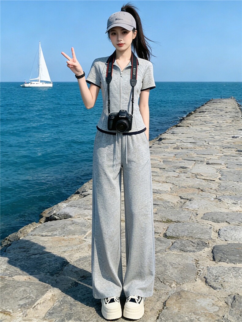 女夏新款小个子时尚休闲套装欧货纯色短袖拼接上衣高腰长裤两件套,女装套装/套裙,江南