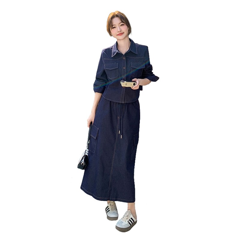 深蓝色时尚牛仔套装裙女2025春季新款学院风减龄衬衫半身裙三件套,女装套装/套裙,2D078