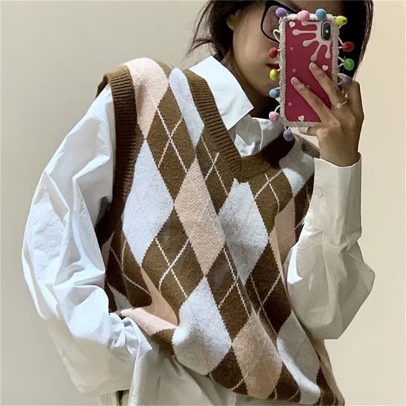 545-P352025春秋款菱形格坎肩针织背心男女宽松套头复古外穿无袖,男装背心/马甲,电商B323A