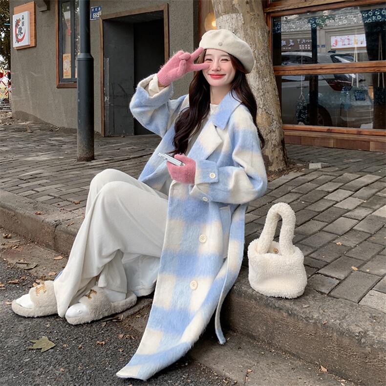 2025年秋冬季女装女士蓝色格子毛呢外套,女装毛呢外套,2C120