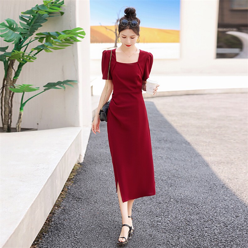 现货新款2025年夏季气质淑女方领高级感收腰显瘦法式连衣裙,女装连衣裙,蓝诺裳