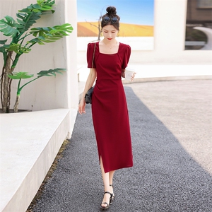 现货新款2025年夏季气质淑女方领高级感收腰显瘦法式连衣裙图片