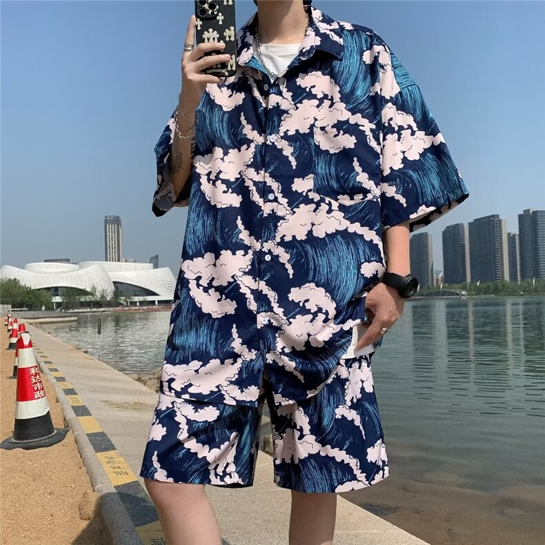 夏季新款衬衫潮流慵懒男方领冰丝垂感沙滩衬衫C4082P30,男装衬衫,星座1116-2