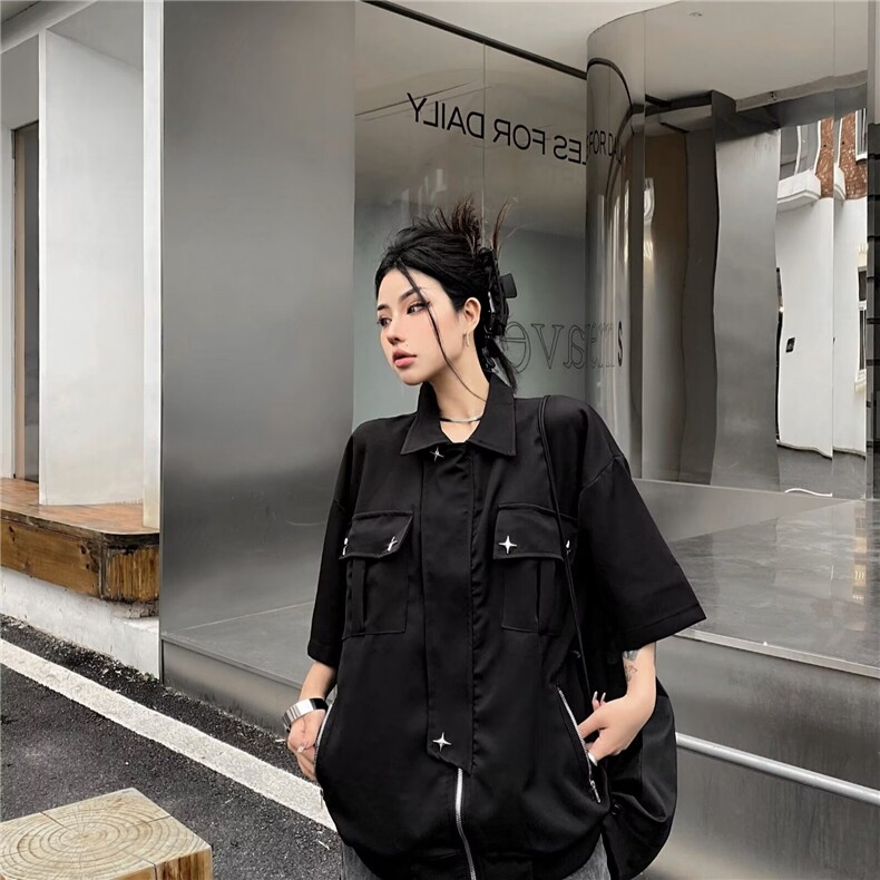 夏季短袖外套女拉链休闲潮牌运动港风痞帅青少年衬衫CY827-P49,男装衬衫,星座412-2