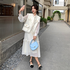 法式小香风流苏马甲连衣裙两件套女春秋新款轻熟风白色气质长裙子，女装套装/套裙，纯色衣恋