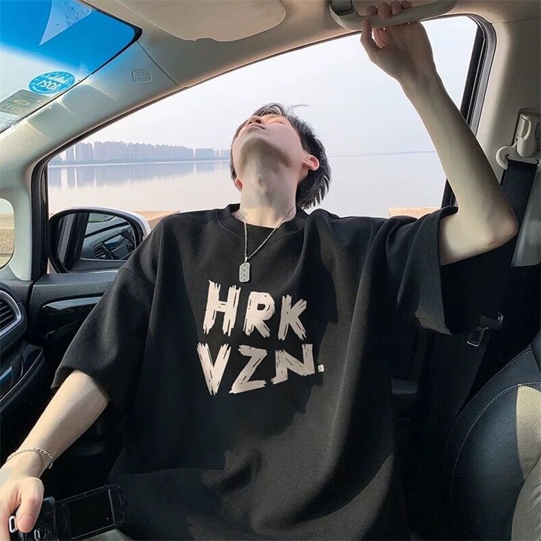 字母印花男生t恤短袖美式高街hiphop小领口半袖黑色重磅纯,男装T恤,星座218-1（原230）