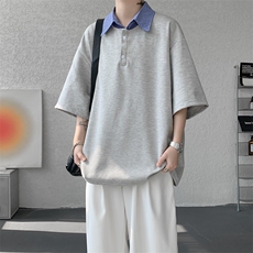 8XL-M格纹拼接假两件短袖t恤大码美式重磅polo翻领半袖DX1218/P48，男装T恤，电商B238