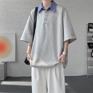 8XL-M格纹拼接假两件短袖t恤大码美式重磅polo翻领半袖DX1218/P48图片