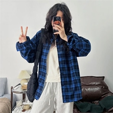 蓝色美式复古松弛格子衬衫大版宽松简约外套刺绣长袖上衣百搭衬衣，男装衬衫，星座506A