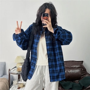 蓝色美式复古松弛格子衬衫大版宽松简约外套刺绣长袖上衣百搭衬衣图片