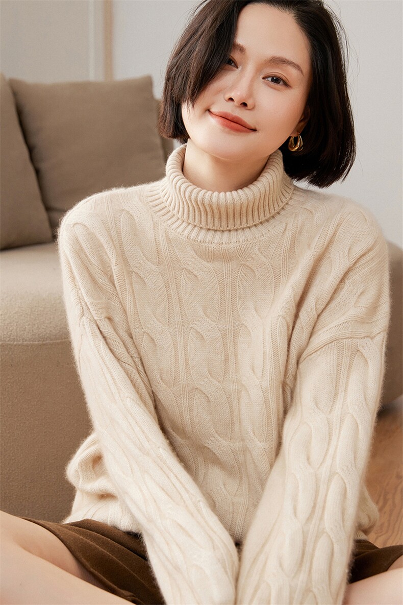 高翻领麻花加厚35%羊绒衫2024年新款秋冬季女士针织衫,女装羊绒衫,绒又羊绒
