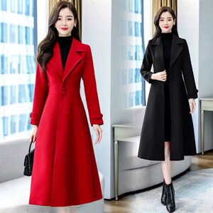 红色中长款双面羊绒大衣女秋冬显瘦本命年洋气西装领风衣毛呢外套,女装风衣,凝聚力