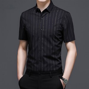 短袖衬衫男薄款条纹上衣2023夏季新款中年男士休闲免烫百搭衬衣潮，男装衬衫，电商B212（原钱塘6029）