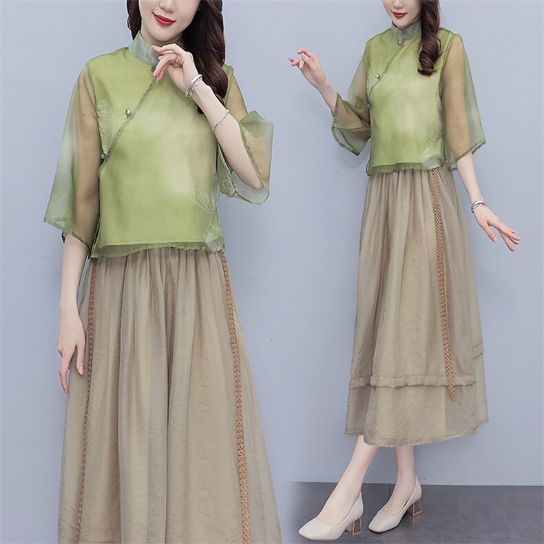芷墨超仙小洋装新中式俩件套套装茶服改良汉服上衣半身裙俩件套女,女装套装/套裙,芷墨服饰
