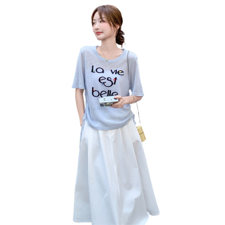 2025夏季新款韩版时尚气质百搭显瘦短袖上衣+高腰半身裙两件套女,女装套装/套裙,2C166