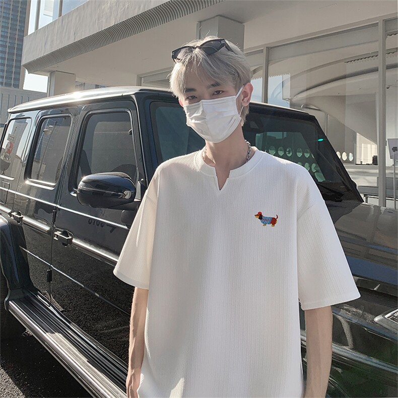 新款美式抖音直播得物痞帅肌理感V领短袖T7511P25控39图片