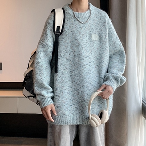 B312P75季拼色圆领毛衣男美式复古潮牌宽松冬装毛衣图片