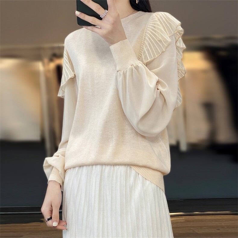 2024春秋新款气质圆领精纺羊毛泡泡袖套头内搭女韩版纯色百搭毛衣,女装羊毛衫,总能电商供货