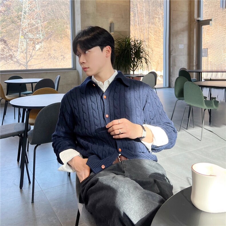秋冬款男单排扣开衫毛衣麻花POLO领针织衫宽松外套M9202P65,男装针织衫/毛衣,星座1013-1