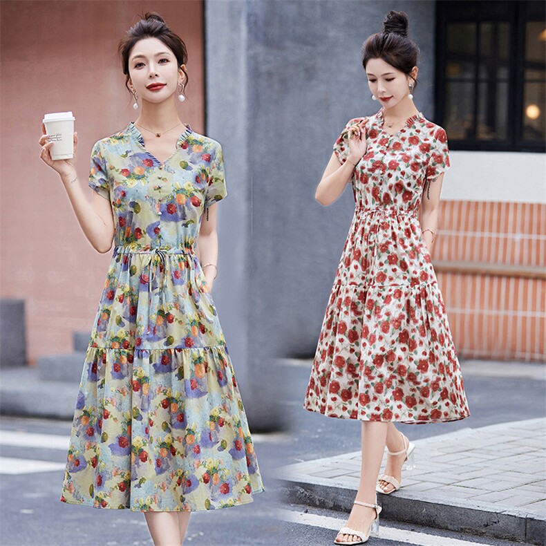 红色碎花短袖连衣裙女夏2024新款减龄木耳边领收腰显瘦纯棉a字裙图片
