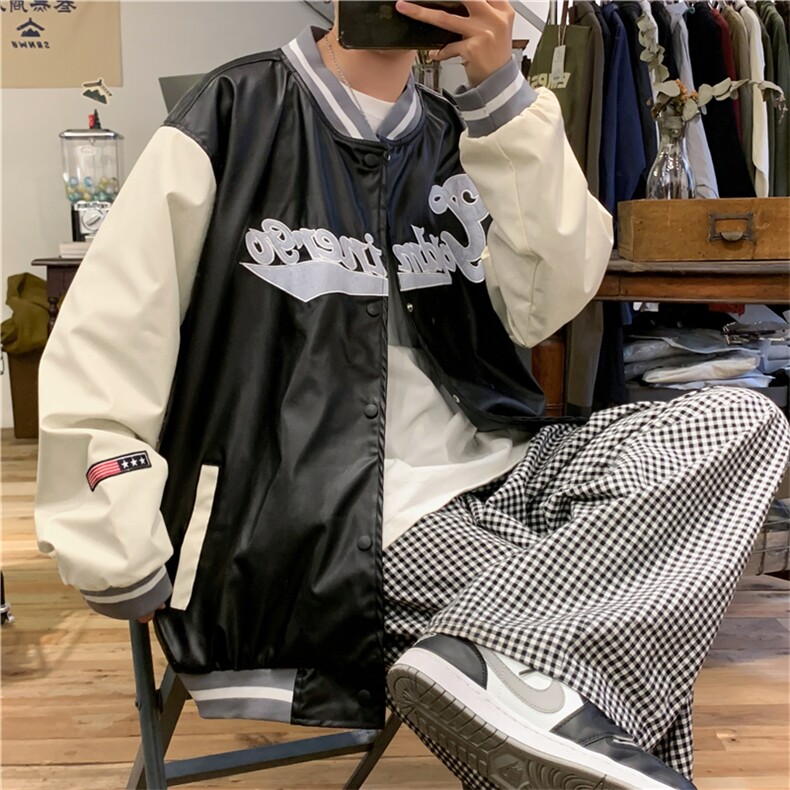 新款港风双层PU皮重工棒球服M-3XL大码加厚ins潮流学生W2234-P55,男装夹克,星座512-2