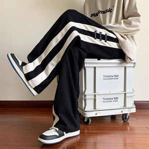 男士华夫格条纹休闲长裤潮牌高街直筒宽松阔腿运动裤子B5028-P38图片