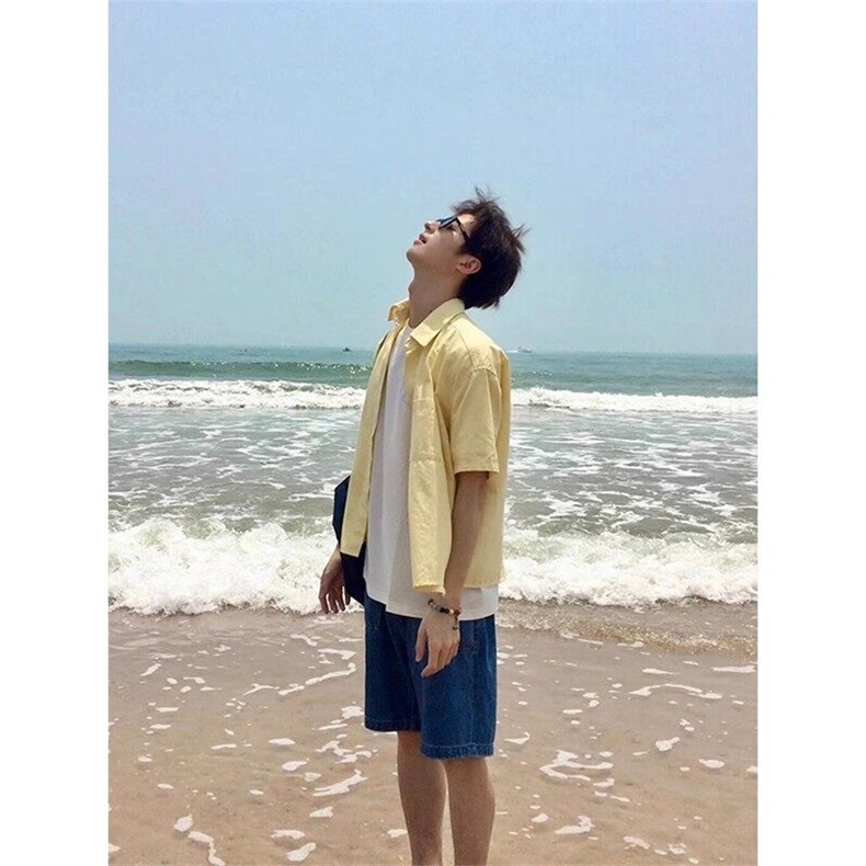 网图短袖衬衫男夏季多巴胺海边穿痞帅宽松防晒衬衣外套7004P45,男装防晒衣,星座710