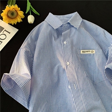 学院风日系条纹衬衫短袖夏季男女高级感衬衣-C05-p37，男装衬衫，星座222-7