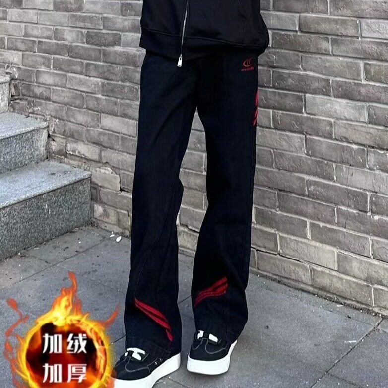斜杠三条纹红黑撞色拼接休闲长裤加绒加厚直筒牛仔裤K8003P48网图图片