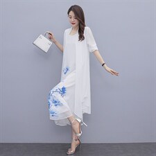 广东十三行连衣裙女大码胖mm显瘦春夏中年妈妈雪纺印花裙图片