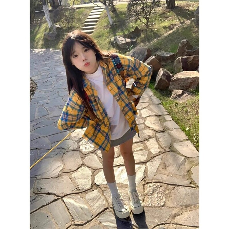 韩版超好看撞色格子polo领长袖衬衫女早春宽松慵懒风百搭薄款外套,男装衬衫,星座506A