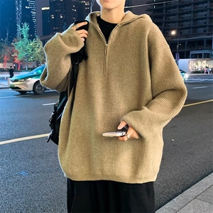 半拉链连帽毛衣男冬季韩版慵懒风针织衫oversize外套潮图片