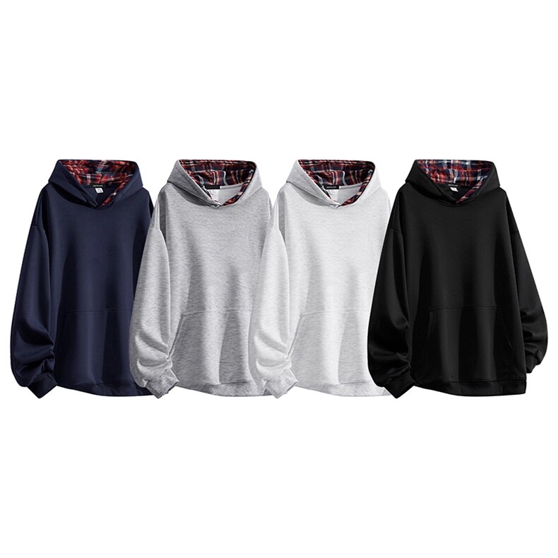 抖音得物高品质美式高街重磅结构设计假两件格子连帽卫衣外套W106，男装卫衣，电商A486