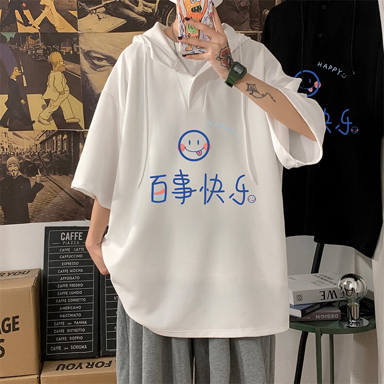 LD54183-P45 连帽短袖t恤男大码胖子带帽五分袖中袖 海报风图片