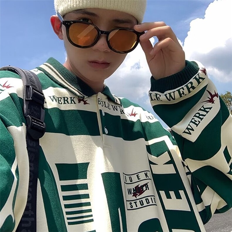 JC0585-P35美式复古彩色条纹镂空针织衫春秋季polo翻领宽松休闲,男装Polo衫,电商C233