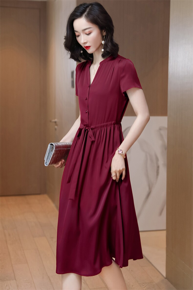双绉真丝连衣裙夏天时尚气质纯色高档贵夫人大码中年妈妈丝绸裙子,女装连衣裙,阿舍尔精品