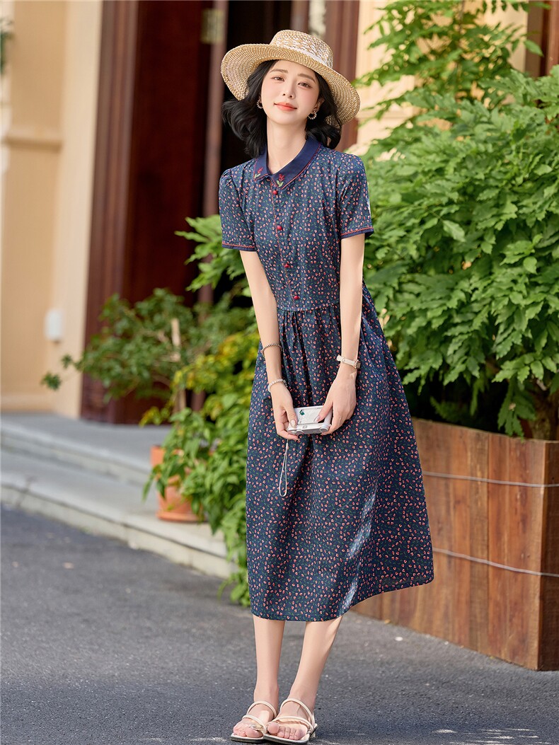 田园风斜领碎花刺绣连衣裙女春夏收腰显瘦中长裙（细节图颜色为）,女装连衣裙,水衣源