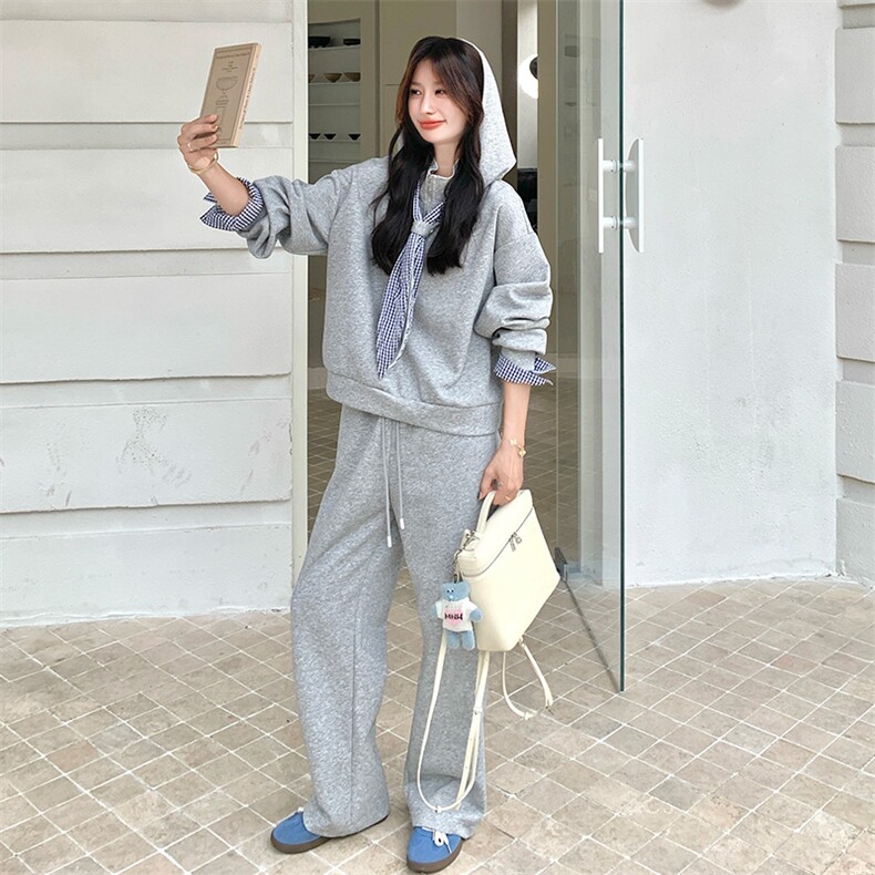 可拆卸连帽卫衣套装女2025春秋新款韩系小个子格子拼接卫裤两件套,女装套装/套裙,2C317A