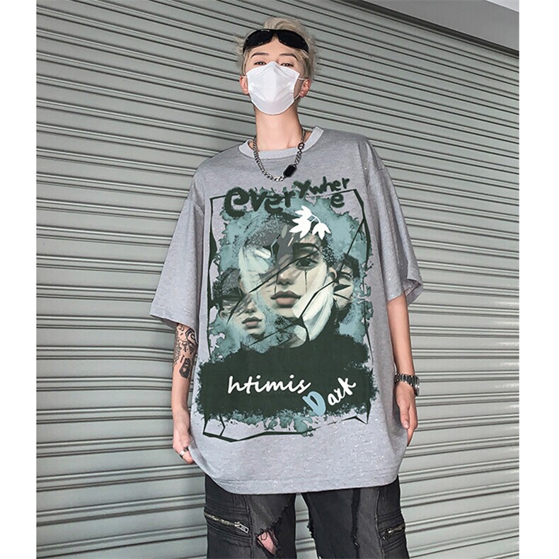 美式重磅复古满天星人物卡通印花宽松落肩短袖T恤上衣-H870-特P28图片