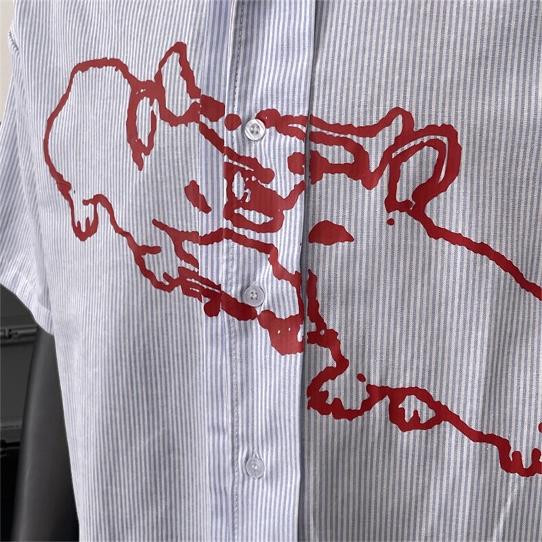 美式复古兔子印花条纹短袖衬衫男女夏季小众设计感宽松休闲衬衣潮,男装T恤,星座1210-1