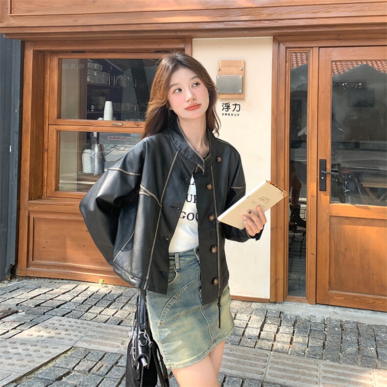 美拉德皮衣外套女小个子2024秋季新款美式复古棕色立领短款皮夹克,女装皮衣,纯色衣恋