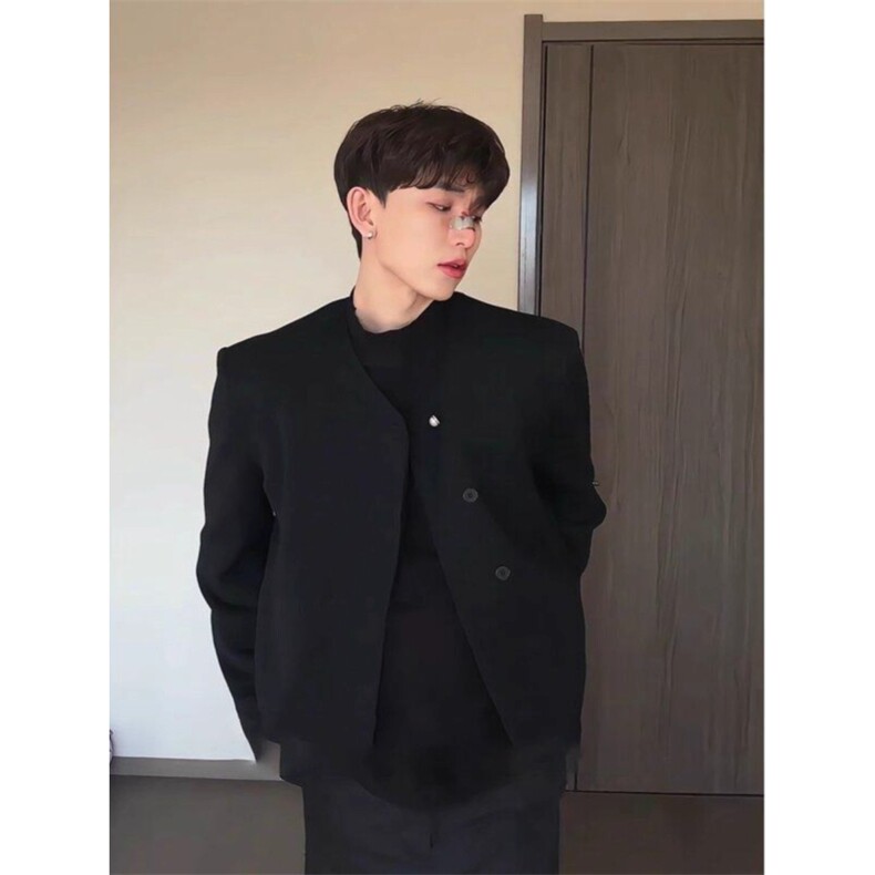 设计感不规则门襟三粒扣无领短款西服外套西装XF408特P55,男装西服,星座908-1