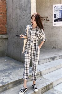 现货 春夏装短袖连身裤格子工装套装连体衣裤潮188 8212P95控158图片