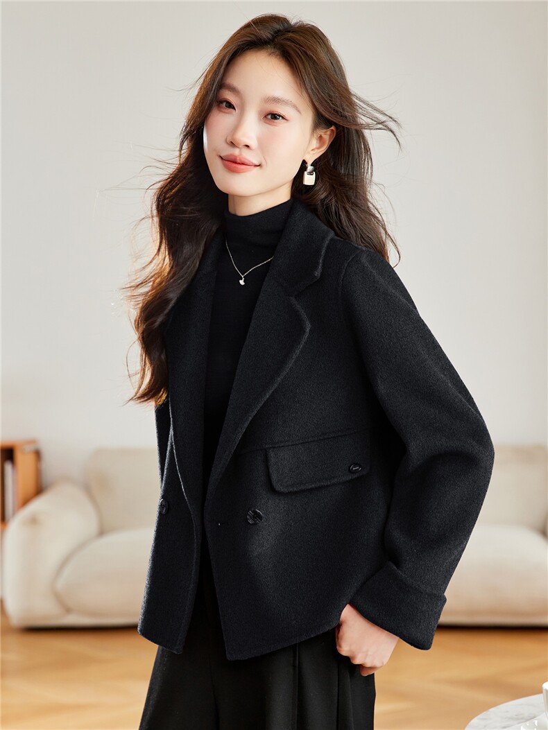 红色气质西装领毛呢外套女2025秋冬新款时尚百搭短款双面羊毛大衣,女装双面呢大衣,拾衣
