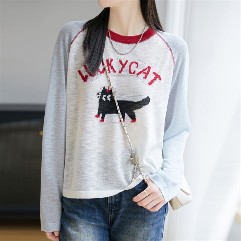 夏季长袖薄款t恤女撞色薄款插肩冰丝竹节麻针织衫上衣罩衫防晒衫，女装蕾丝衫/雪纺衫，菲奥羊绒