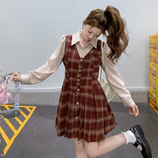 开春学院风复古格纹连衣裙女2025新款小个子假两件超好看百褶裙子，女装连衣裙，帛锦泉